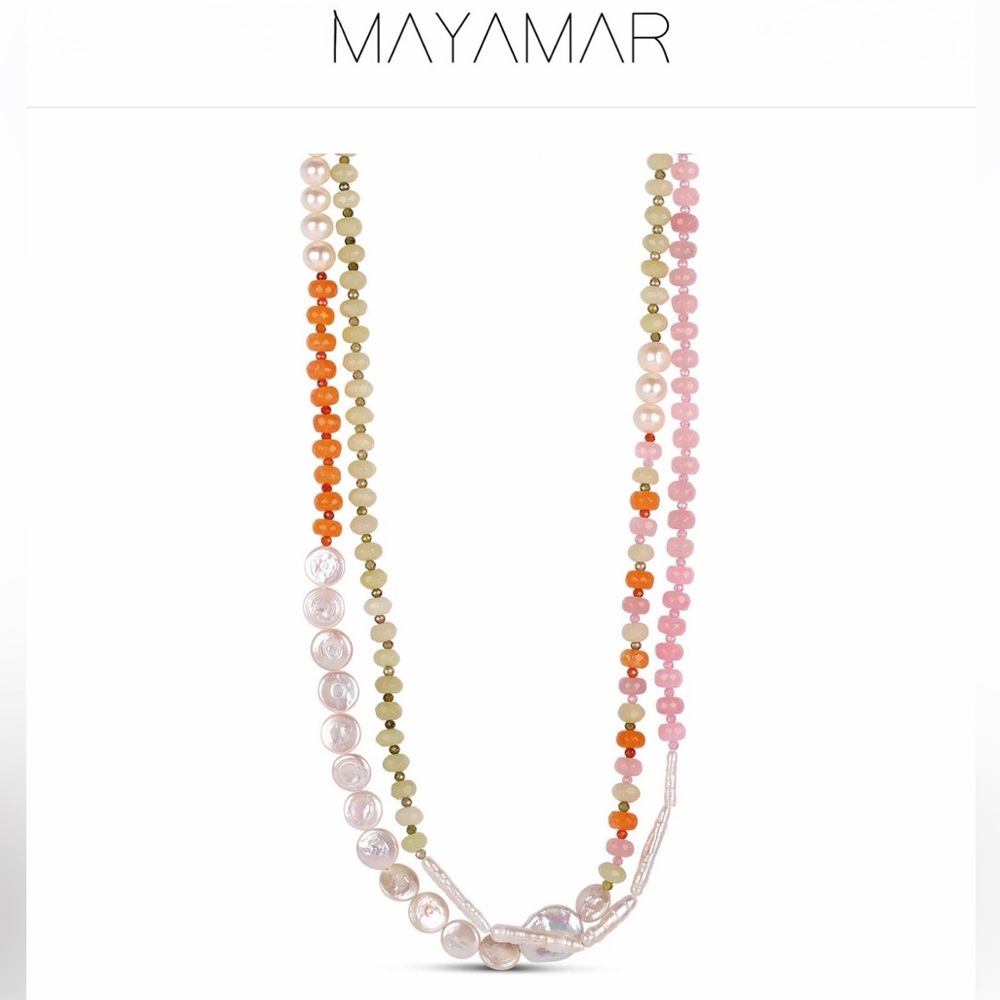 Freshwater Pearl and Genuine Beaded Wrap Necklace - Pink, Orange & Gold